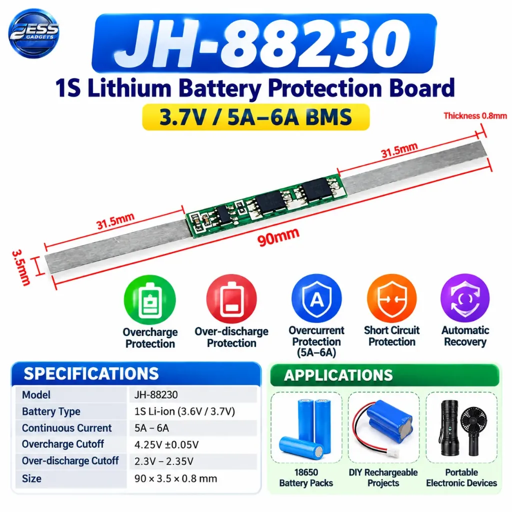 JH-88230 1S Lithium Battery Protection Board (3.7V / 5A–6A BMS)