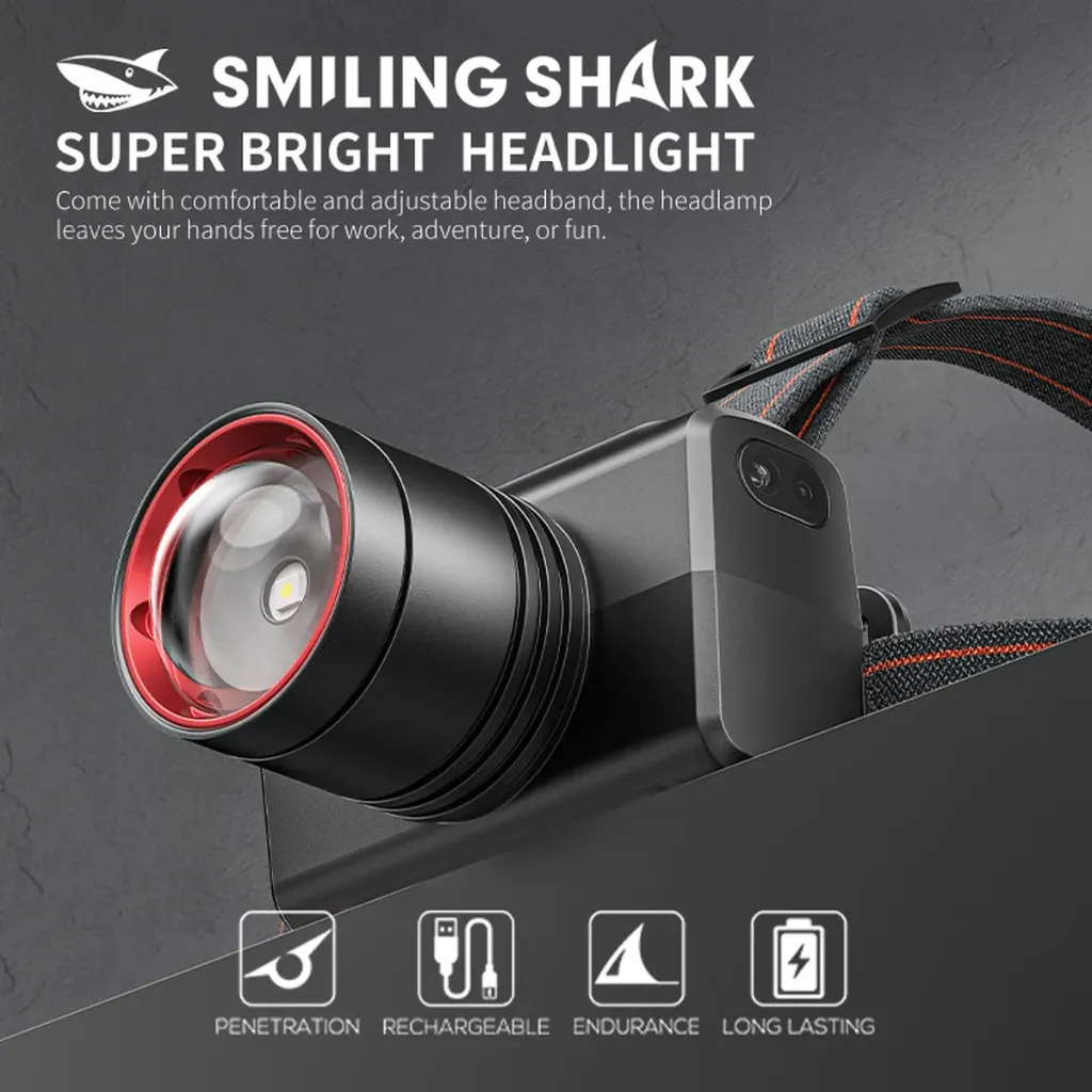 SMILING SHARK Rechargeable Zoomable LED Headlamp With Wave Sensor