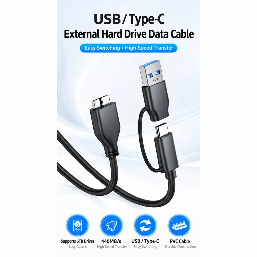 USB 3.0 / Type-C to Micro-B External HDD Data Cable (5Gbps)