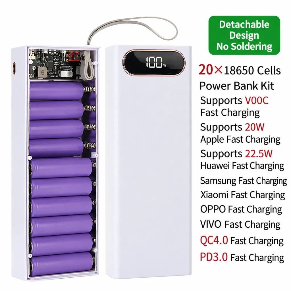 20*18650 battery Power Box No Welding DIY Detachable 22.5W Fast Charge Power Bank Case With LED Lighting (Battery not included)