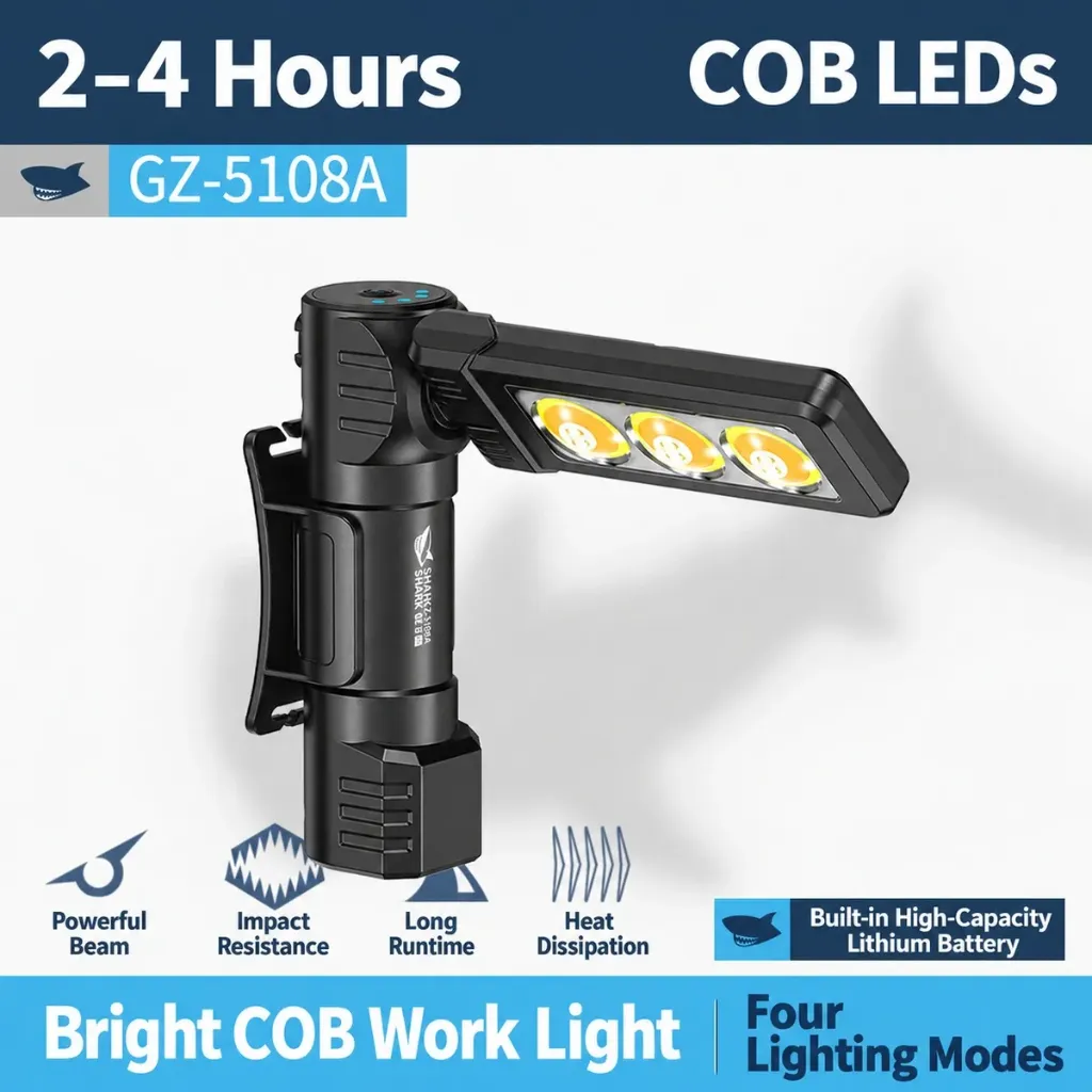 Smiling Shark COB Flashlight Super Bright Magnetic Work Light 180° Flip Foldable Headlight 4Modes Type-C Rechargeable GZ5108