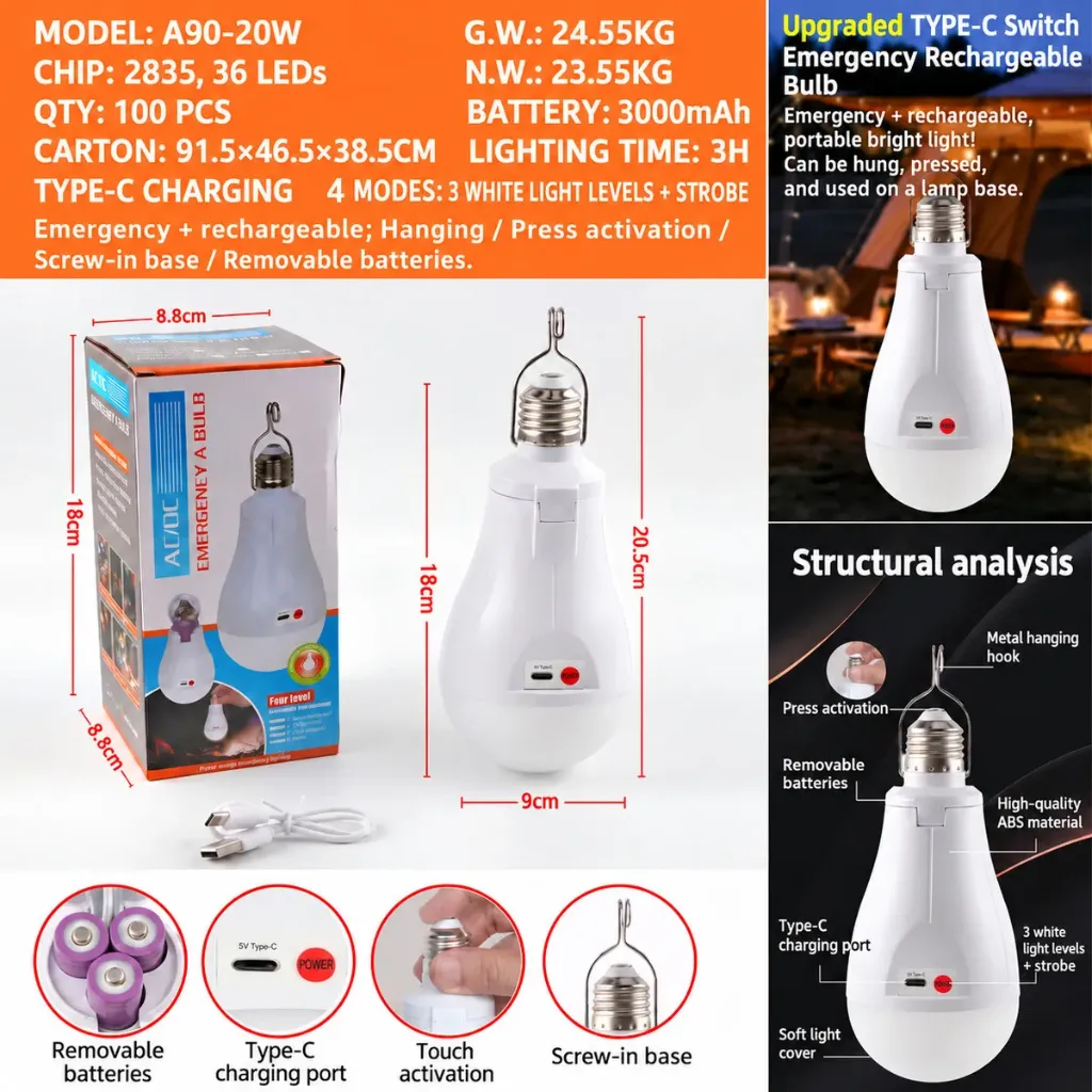 A90-20W Rechargeable Emergency LED Bulb