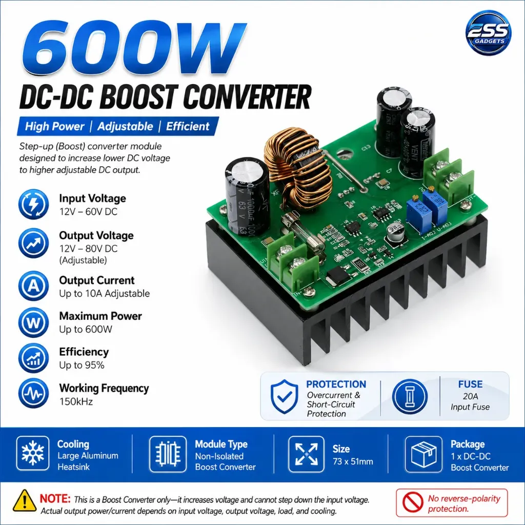 600W Boost Module Power Supply DC-DC Step Up Constant Current Voltage 12V-60V To 12v-80V Booster Converter