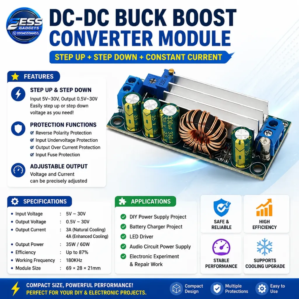 DC-DC Input 5-30V Output 0.5-30V 4A 60W automatic buck-boost power supply module constant current buck-boost low ripple high conversion efficiency