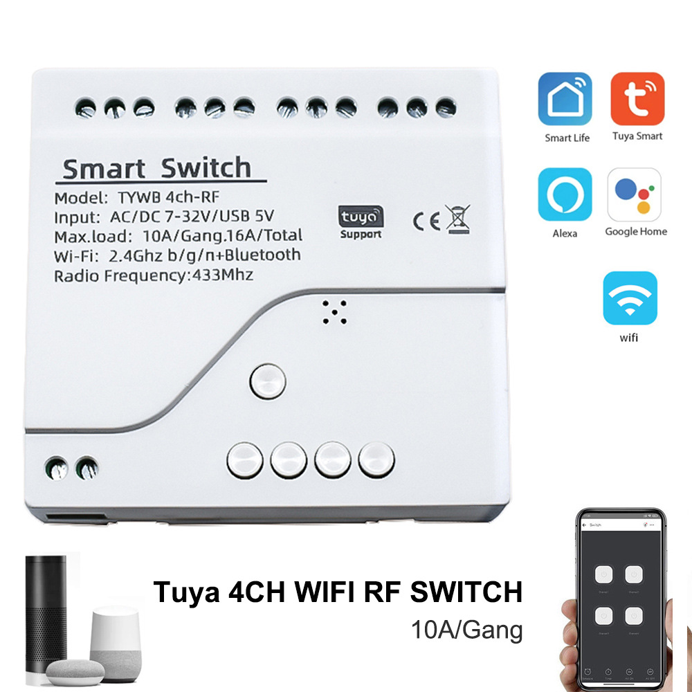 Tuya RF 433Mhz WIFI Smart 4CH Receiver Module Wireless Remote Timing Voice Control Remote Control Switch AC DC 7-32V