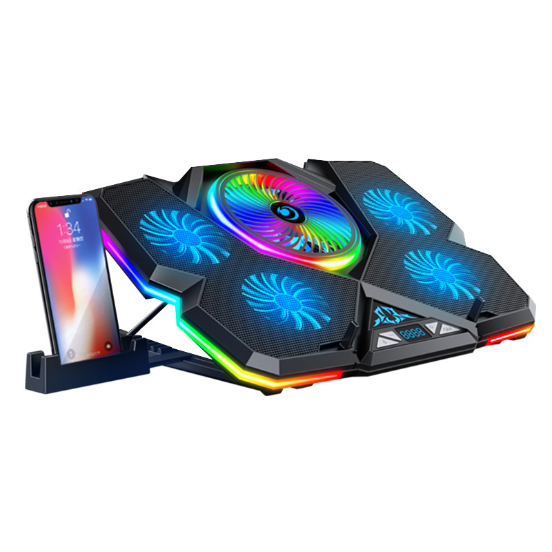 Coolcold Gaming Laptop Cooler 5 Fans 2 USB Ports With RGB Light HD Display Laptop Cooling Pad Adjustable Notebook Cooler Stand For 14-17inch
