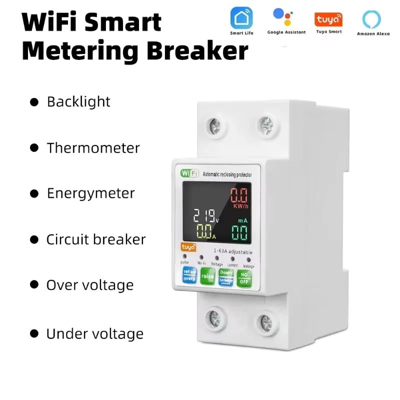 Tuya WiFi Intelligent 63A Circuit Breaker Backlit Single-Phase Energy Meter Auto-Reclosing Protector LCD Display APP Remote Control