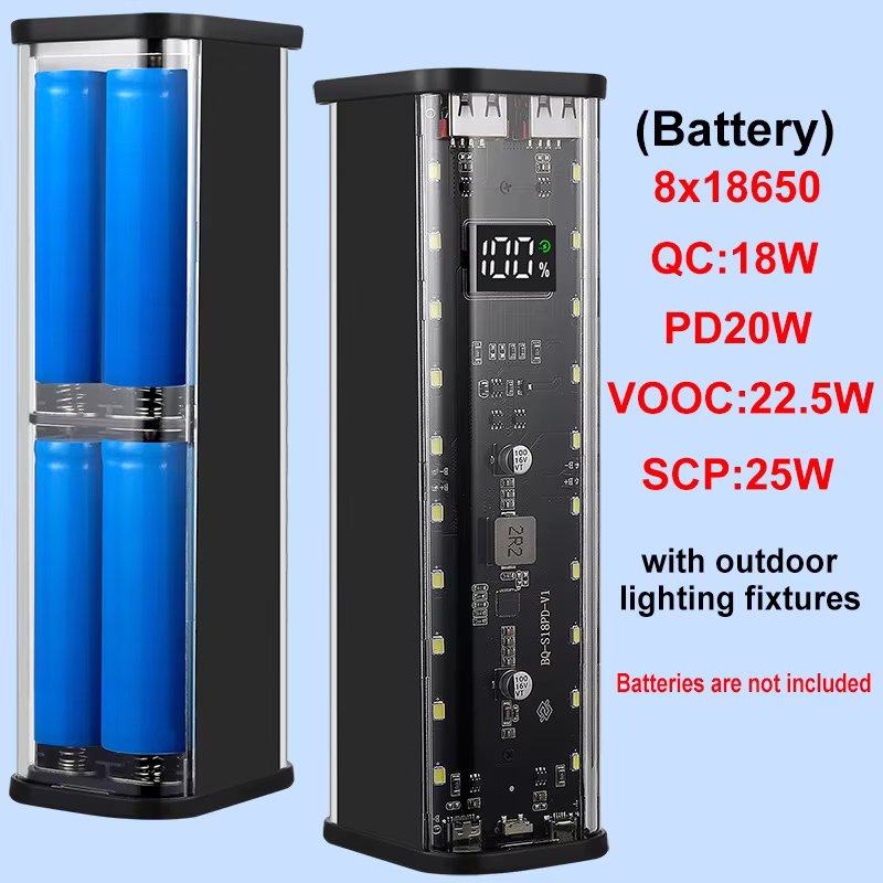 Transparent 8-cell 18650 battery box DIY kit fast charging mobile power supply set welding-free power bank shell (Without Battery)