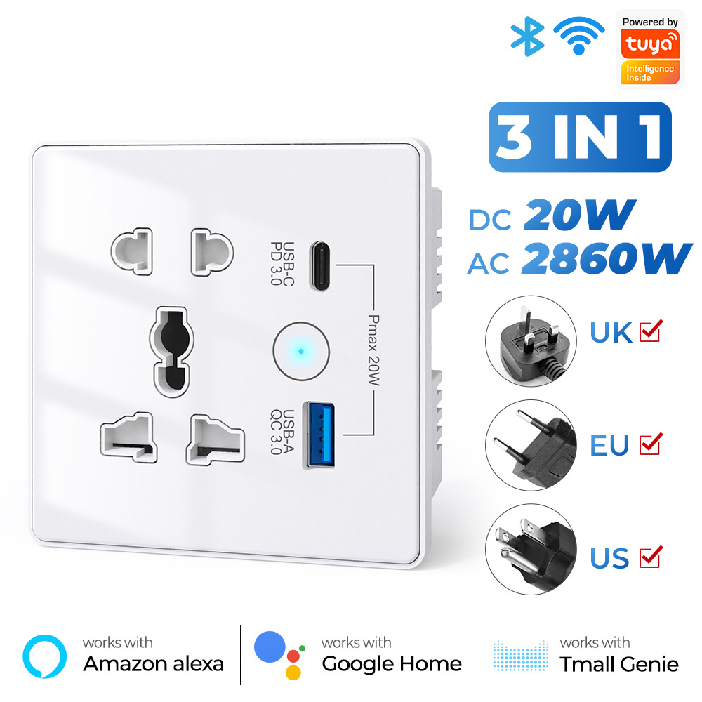 Tuya WiFi Smart Socket Switch PD/QC3.0 Quick Charge USB/Type-C Port Outlet Support Alexa Google Home EU UK US Universal Plug