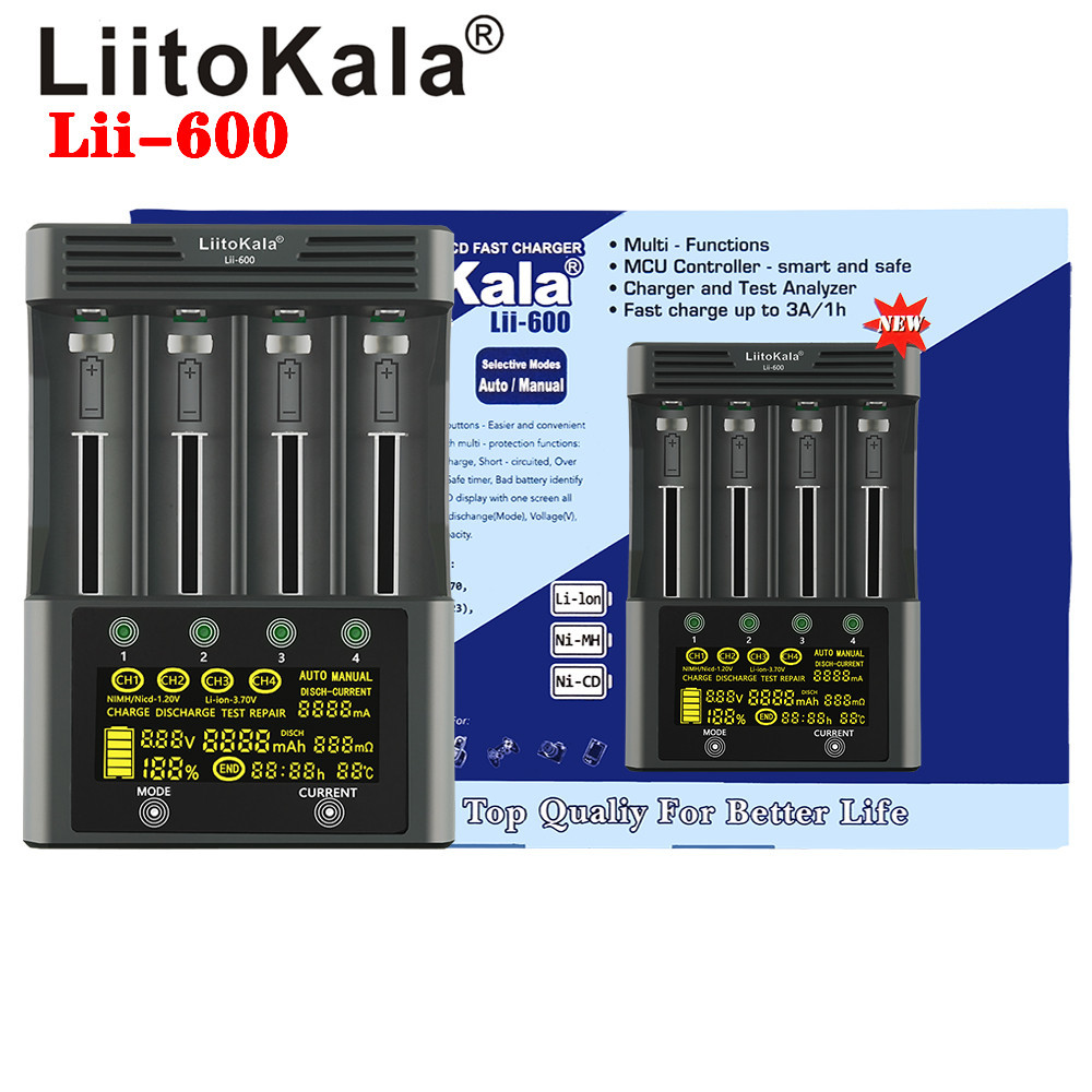 LiitoKala Lii-600 LCD Lithium Battery Charger 3.7V and NiMH 1.2V Battery Suitable for 18650 26650 21700 26700 16340 18350 AA AAA