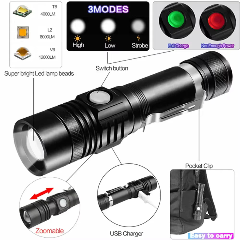T6 strong light flashlight telescopic zoom USB charging mini flashlight