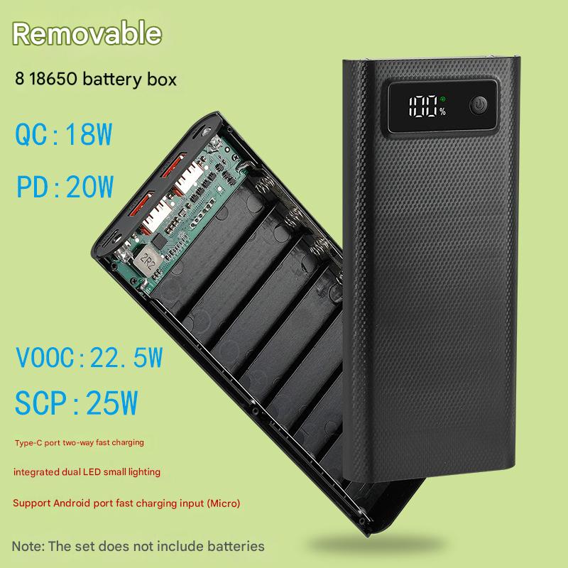 Welding-free 8-section 18650 mobile power fast charging kit Digital display screen power bank shell battery box assembly kit (22.5W QC (Black))