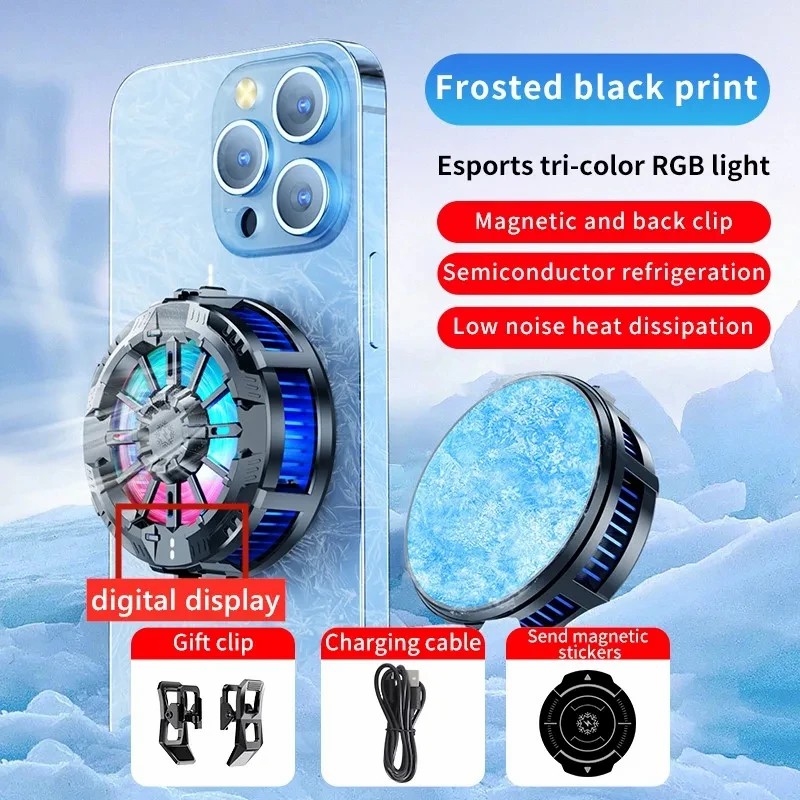 X106 Magnetic & Back Clip Phone Cooling Fan Radiator with Digital Display 3 Speeds Adjustable RGB Phone Cooler