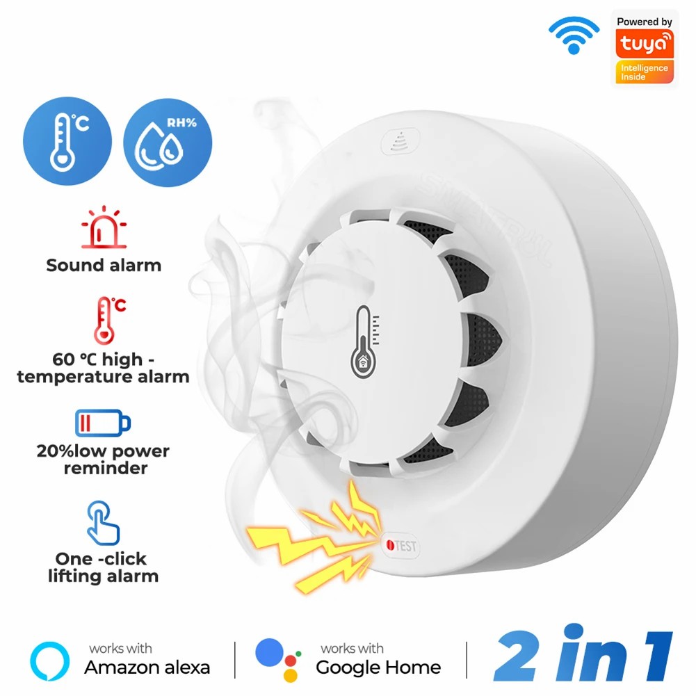 3 IN 1 Tuya Smoke Detector WiFi Smoke Alarm Temperature Humidity Sensor 80dB Sound Alarm Remote Alert Function