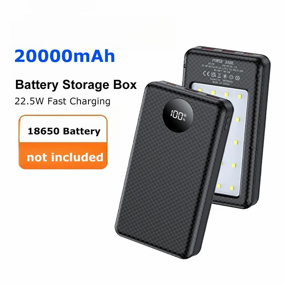 6*18650 20000mAh Power Bank Case DIY Shell Power Bank Battery Holder With Camping lamp (No Battery) (22.5W QC (Black))