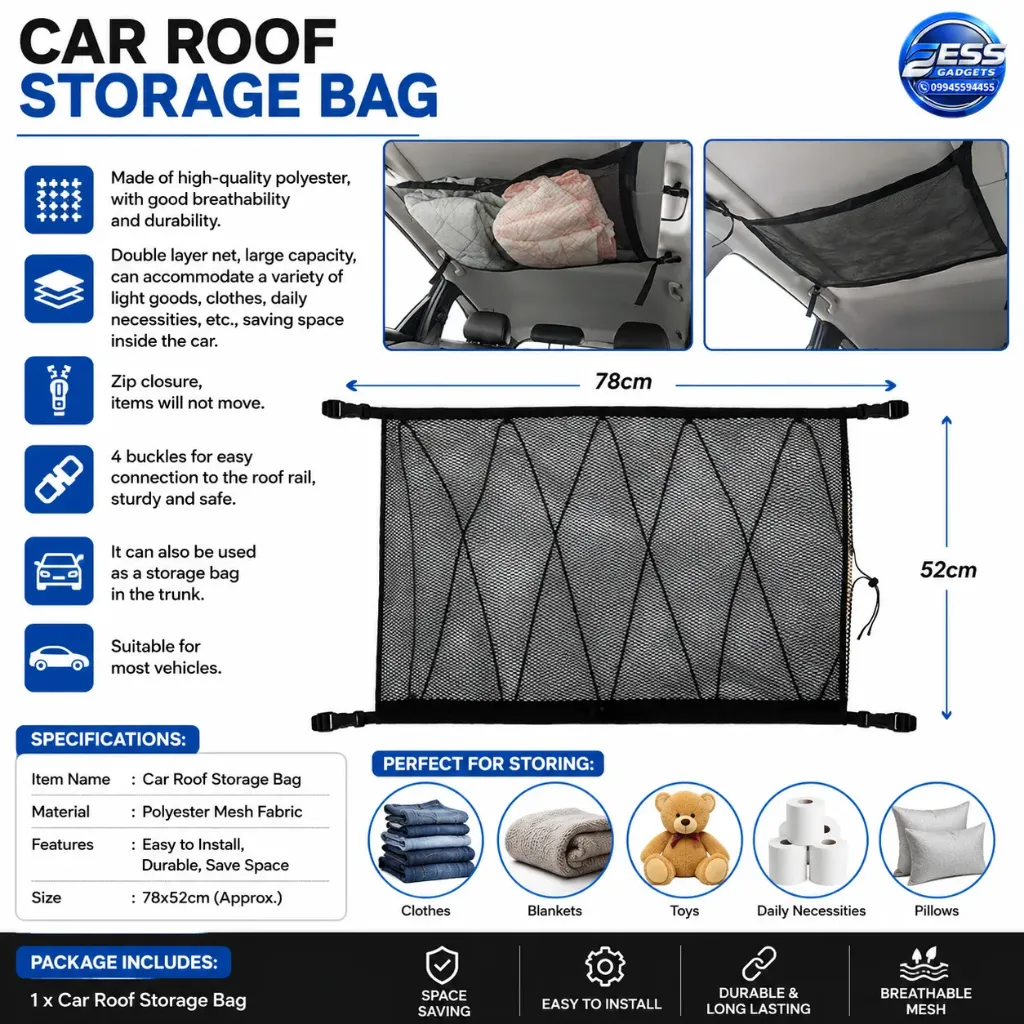 Double layer Car Ceiling Storage Net Pocket Car Roof Bag Interior Cargo Net Breathable Mesh Bag
