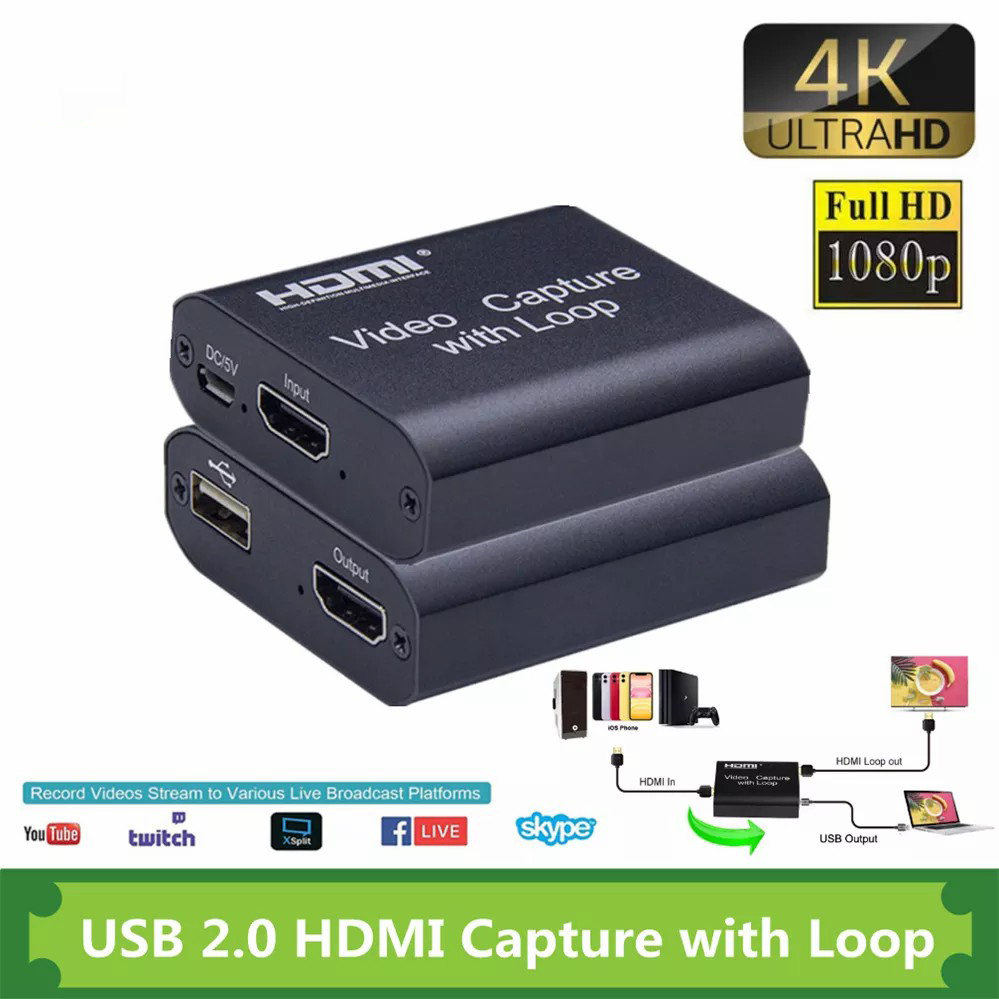 4k Audio Video Capture Card with Loop Out HDMI-compatible USB 2.0 for Phone PS4 Game Live Video Streaming Record
