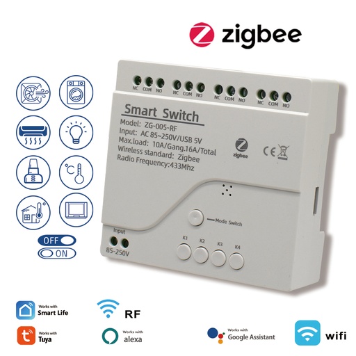 Tuya Zigbee Relay 4CH Smart Home Switch Module APP Remote Control Wireless RF 433 4 Channel Relay For Zigbee Gateway Hub