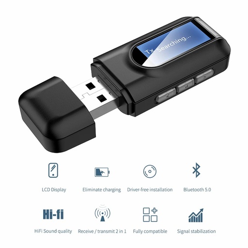 2 In 1 Bluetooth 5.0 Receiver Audio Wireless LCD Display Bluetooth Adapter 3.5mm AUX USB Dongle