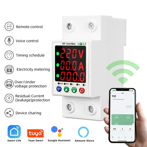 Tuya WiFi 63A Automatic Reclosure Protector Intelligent Current Breaker Overvoltage Undervoltage Overcurrent Leakage Protection