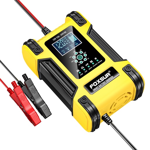 FOXSUR 7-STAGE Smart Car Battery Charger 12V 12A 24V 6A Automotive Motorcycle Boat LiFePO4 AGM GEL Lithium Lead Acid Fast Repair Desulfator