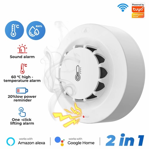 3 IN 1 Tuya Smoke Detector WiFi Smoke Alarm Temperature Humidity Sensor 80dB Sound Alarm Remote Alert Function