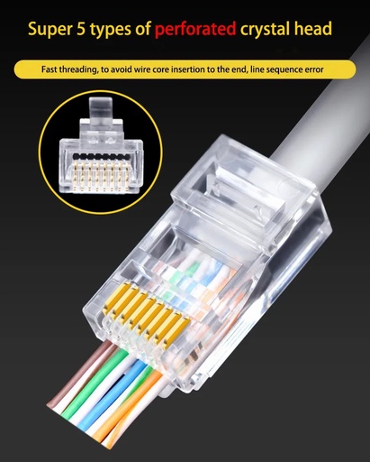 Pass Through RJ45 Cat6/Cat5e Connectors Crystal End Gold-Plated 8P8C Crimp UTP Standard Ethernet Network Modular Plug